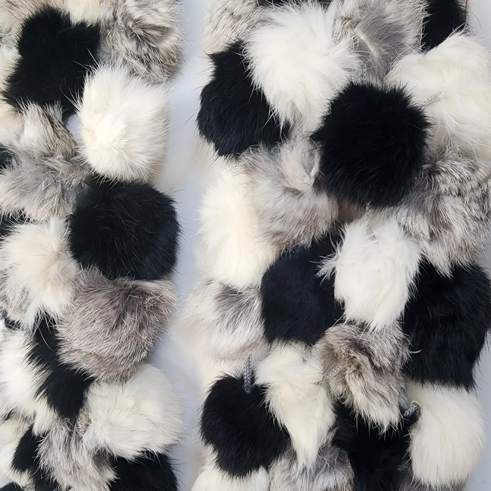 Genuine Rabbit Fur Black, Gray, & White Pom Pom Scarf - Picture 4 of 4